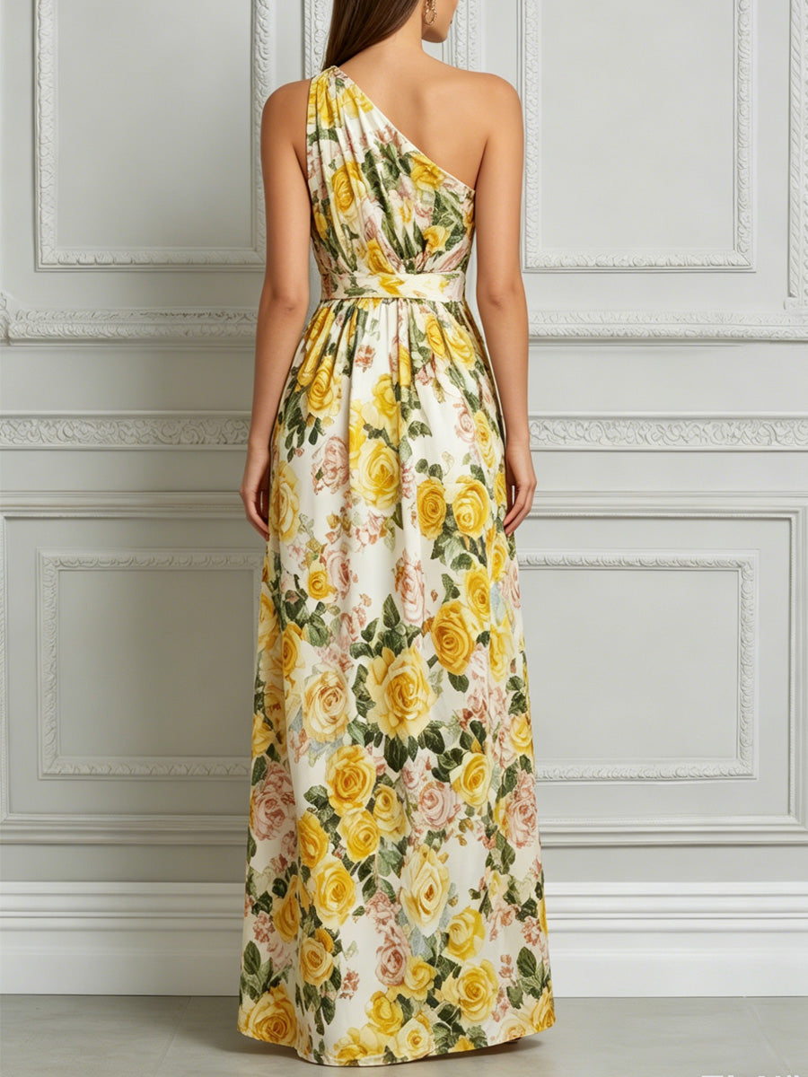 One‑Shoulder Yellow Rose Floral Print Maxi Gown
