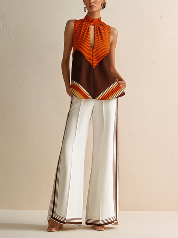 Retro Striped Color-Block Halter Top & Wide-Leg Pants Set