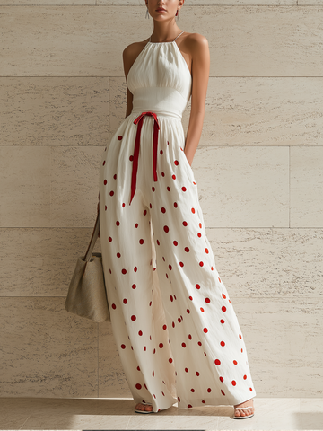 Polka Dot Halter Neck Wide-Leg Jumpsuit With Tie Waist