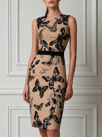 Sleeveless Round‑Neck Butterfly Print Bodycon Mini Dress