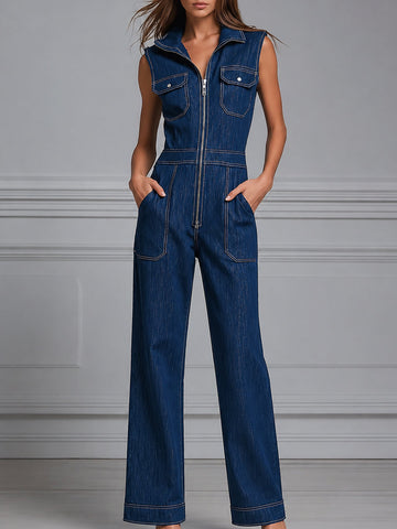 Sleeveless Collared Denim Wide‑Leg Jumpsuit
