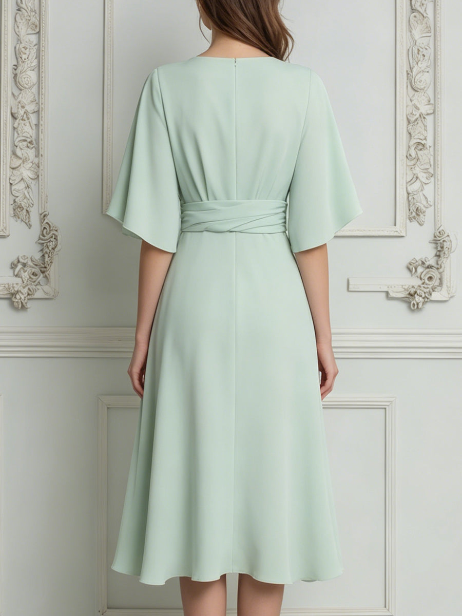 Mint Green Chiffon Flutter‑Sleeve Twist‑Waist Midi Dress