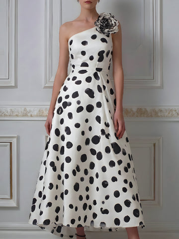 One-Shoulder Polka Dot Floral Accent Maxi Dress