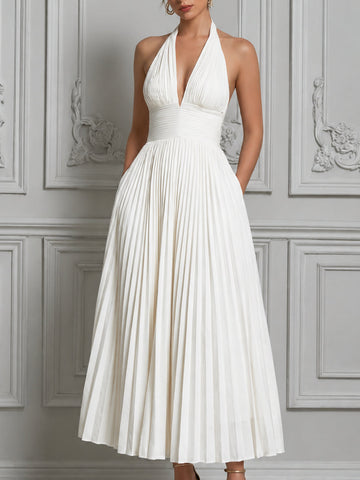 Pleated Halter Neck Flowing Maxi Dress