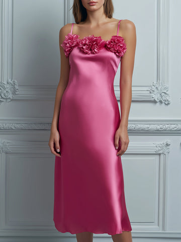 Floral Appliqué Satin Slip Midi Dress