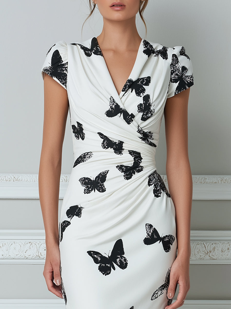 White & Black Butterfly Print V‑Neck Ruched Midi Dress