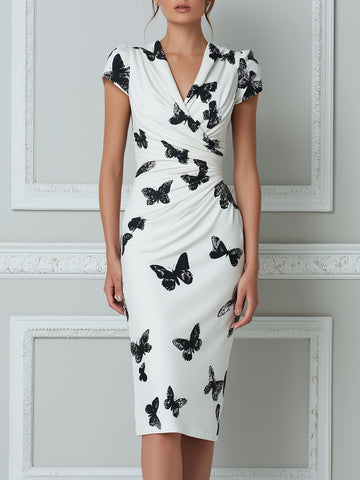White & Black Butterfly Print V‑Neck Ruched Midi Dress