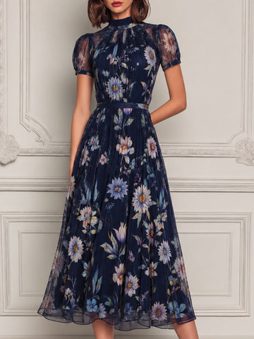 Navy Floral Print Chiffon High‑Neck Puff‑Sleeve Midi Dress