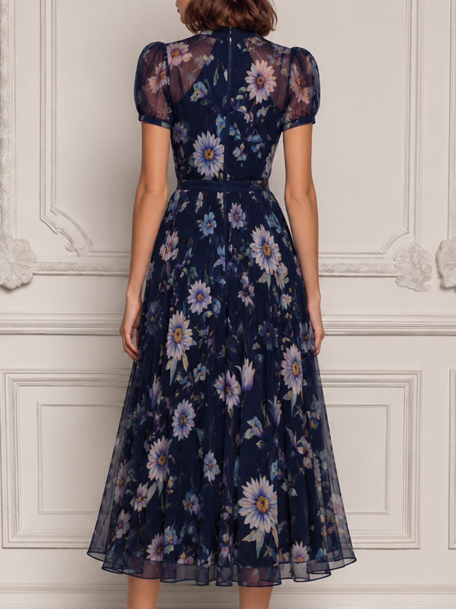 Navy Floral Print Chiffon High‑Neck Puff‑Sleeve Midi Dress
