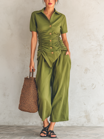 Olive Green Linen-Blend Ruched Shirt & Wide-Leg Cropped Pants Two-Piece Set