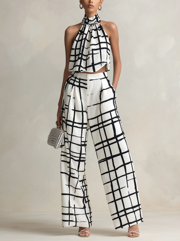 Abstract Grid Print Halter Two-Piece Set | Modern Wide-Leg Co-Ord For Women