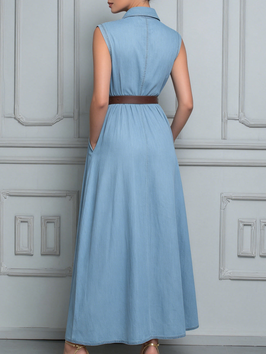 Sleeveless Collared Light‑Wash Denim Maxi Dress