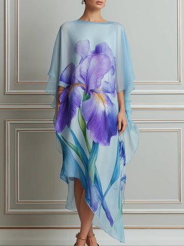 Sky‑Blue Iris Print Chiffon Cape‑Style Midi Dress