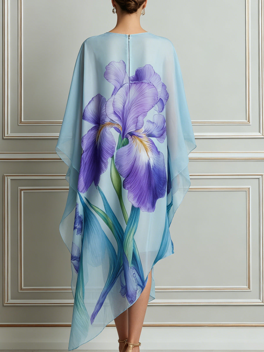Sky‑Blue Iris Print Chiffon Cape‑Style Midi Dress