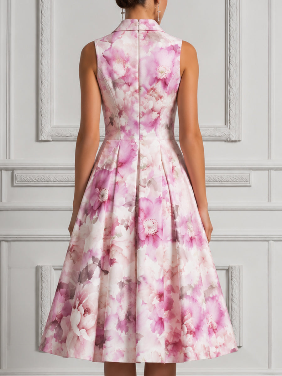 Sleeveless Lapel Watercolor Floral Fit‑and‑Flare Midi Dress