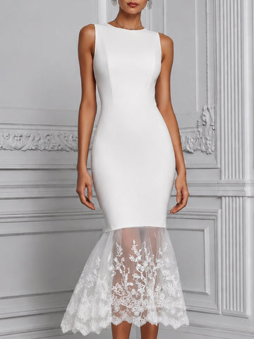 Sleeveless Sculpted Mermaid Midi Dress With Sheer Lace Hem