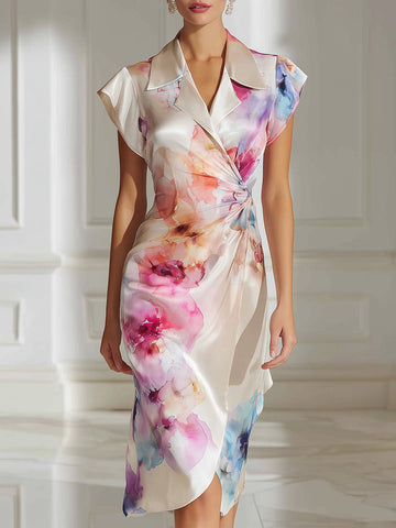 Watercolor Floral Satin Wrap Midi Dress