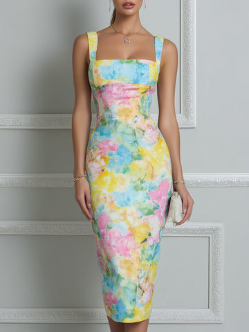 Pastel Watercolor Floral Sculpted Midi Dress