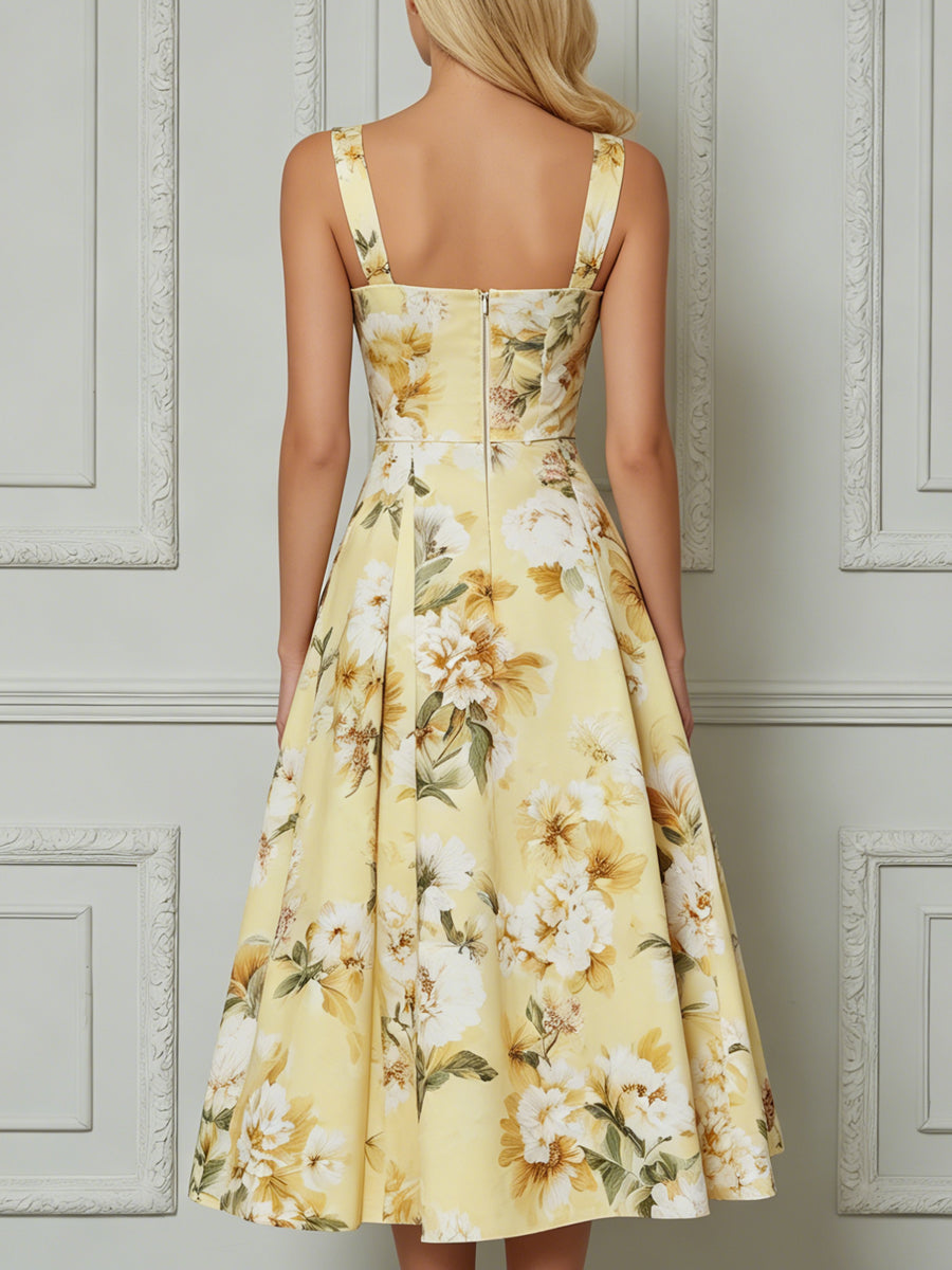 Yellow Watercolor Floral Print Sweetheart Neck Midi Dress