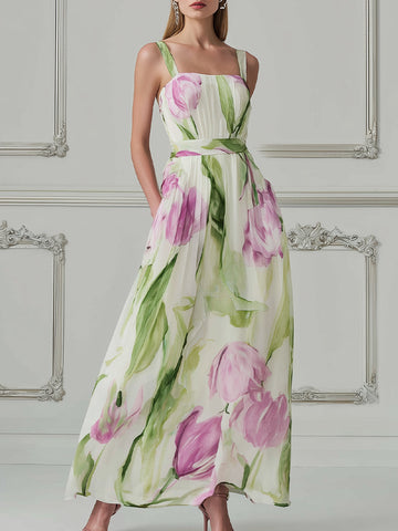 Watercolor Tulip Print Pleated Maxi Dress