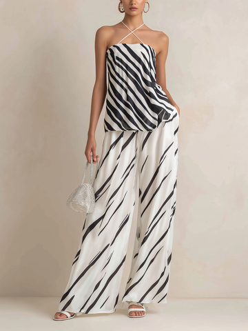 Abstract Stripe Halter Top & Wide-Leg Pants Set