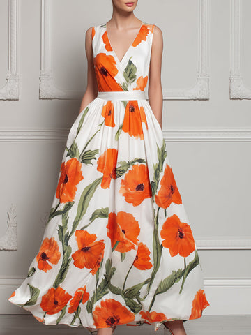 Sleeveless V‑Neck Orange Poppy Floral Print Maxi Dress