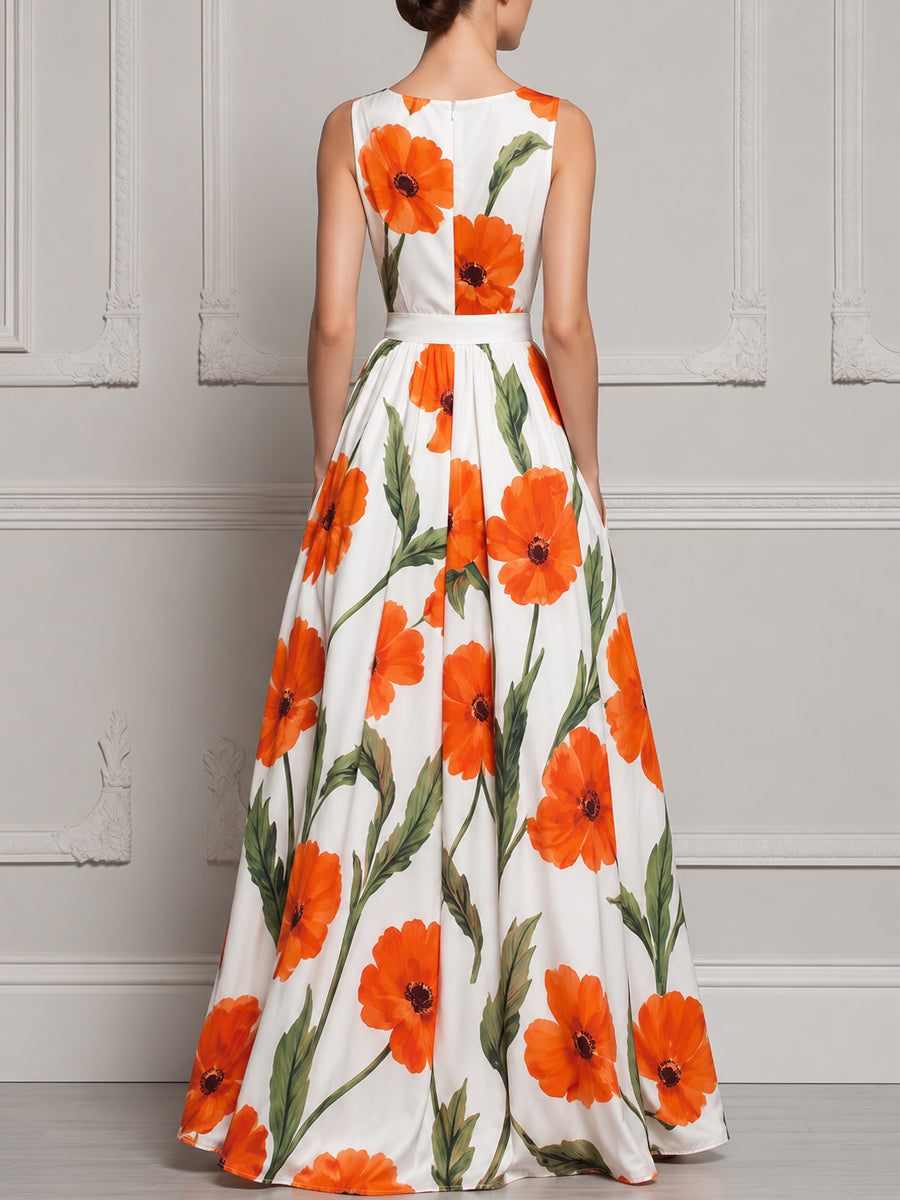 Sleeveless V‑Neck Orange Poppy Floral Print Maxi Dress