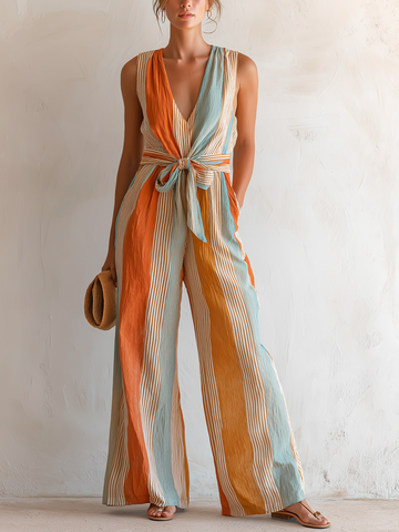Sunset Striped Sleeveless Belted Wide-Leg Jumpsuit