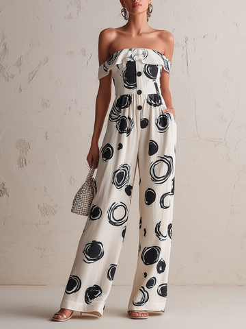 Abstract Circle Print Off-Shoulder Wide-Leg Jumpsuit