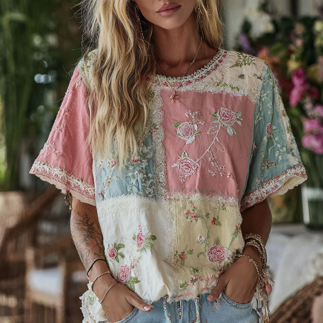 Women's Boho Floral Patchwork Embroidery Print Round Neck Linen Blend T-shirt