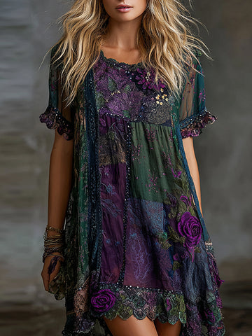 Women's Vintage Floral Art Linen Blend Short Sleeve Dress