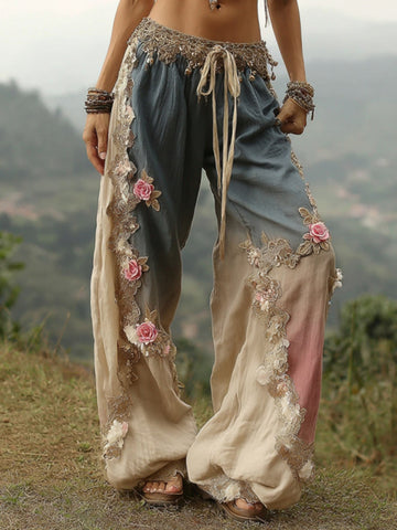 Women's Vintage Pink Flowers Patchwork Art Linen Blend Casual Pants