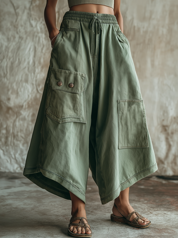 Olive Green Washed Denim Utility Wide-Leg Culottes