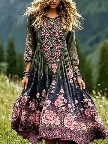 Women's Vintage Romantic Celtic Knot With Floral Art Linen Blend Three-quarter Sleeve Maxi Dress