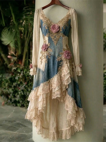Women's Spring Elegant Flowers Patchwork V Neck Irregular Ruffle Midi Dress