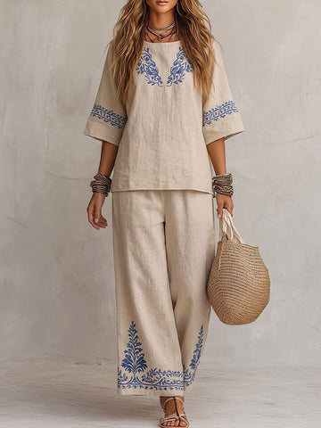 Women's Floral Print Cotton-linen Casual Two-piece Set