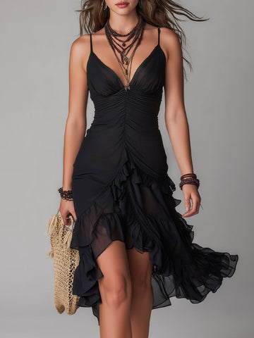 Boho High-Low Ruffled Hem Chiffon Midi Dress
