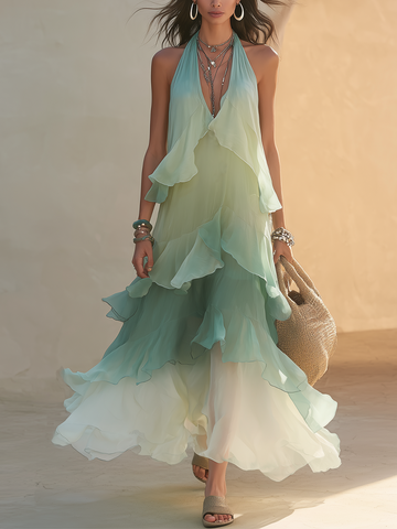 Ethereal Gradient Chiffon Halter Ruffle Maxi Dress