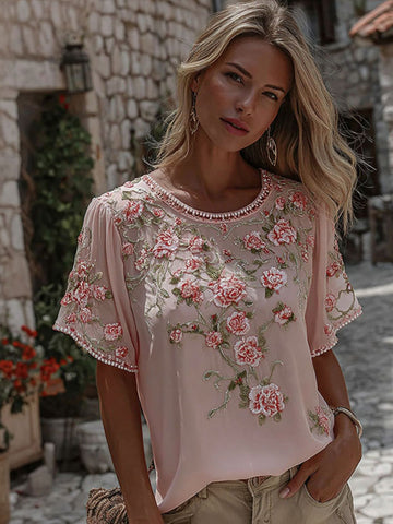 Women's Floral Vine Art Embroidery Cotton Linen Round Neck T-shirt