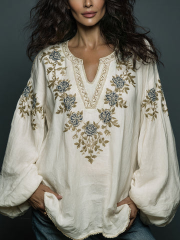 Women's Bohe Floral Embroidered Art Print Flowy Linen Blend Casual Tunic