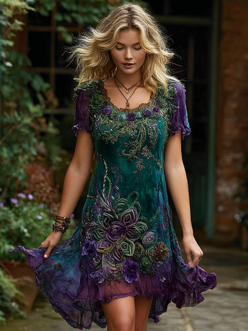Women's Retro Purple Floral Knot Pattern Casual Dress