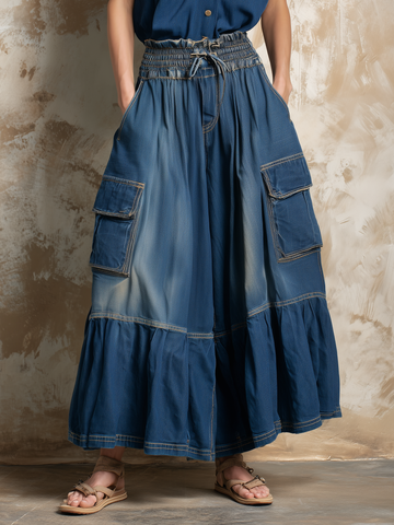 Vintage Washed Denim Cargo Cropped Wide-Leg Pants