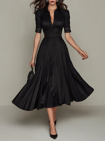 Elegant Satin Pleated Midi Dress With Lace Trim