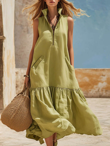 Women's Solid-color Stand-collar Sleeveless Loose-fit Cotton-linen Casual Dress