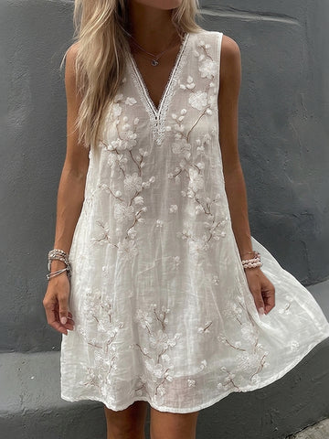 Women's Vintage Floral Art V-neck Sleeveless Flowy Midi Dress