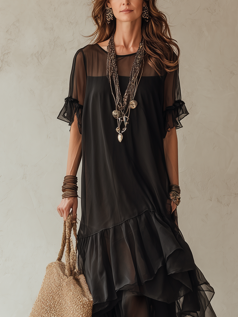 Black Chiffon Long Skirt With Irregular Ruffles