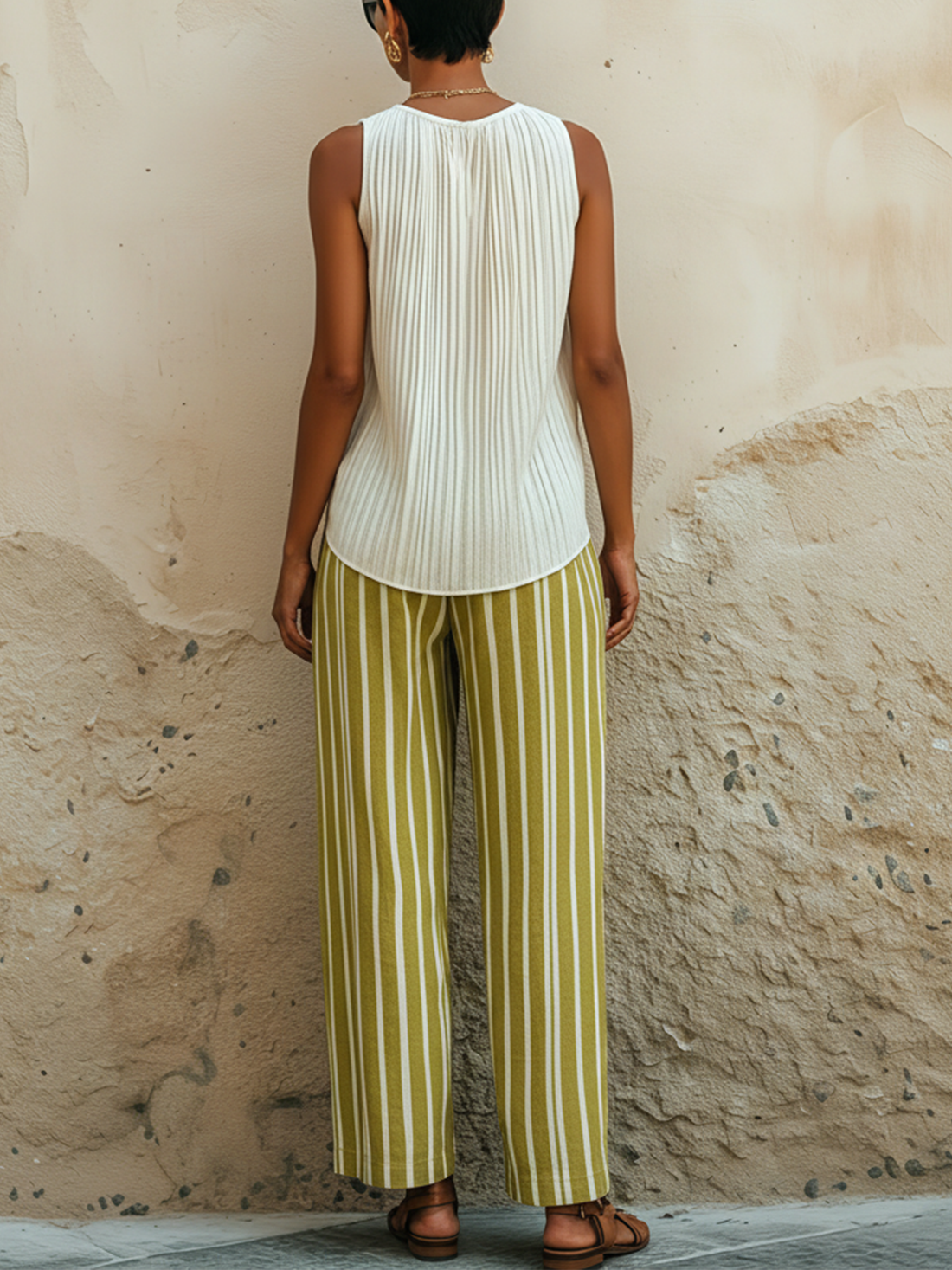 White Pleated Keyhole Sleeveless Top & Olive Striped Pants Two-Piece Set