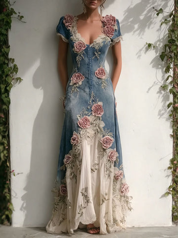 Women's Vintage Elegant Roses Embroidered Art Patchwork V Neck Short Sleeve Maxi Dress