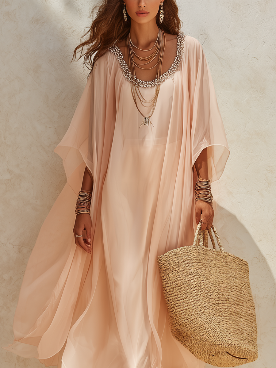 Nude Pink Sequined Chiffon Maxi Dress