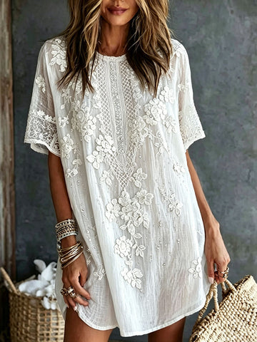 Women's Floral Art Embroidered Linen Blend Round Neck Mini Dress